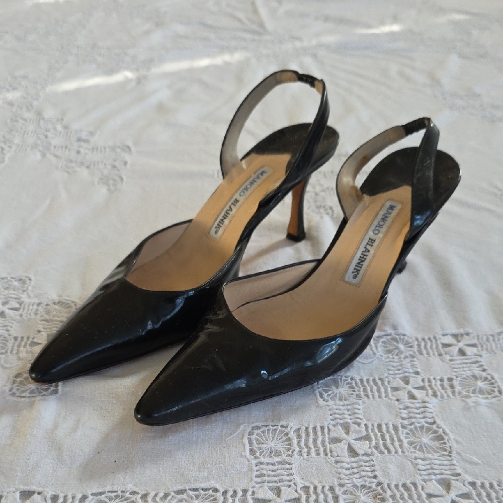 Manolo Blahnik Black Slingback Kitten Heels
